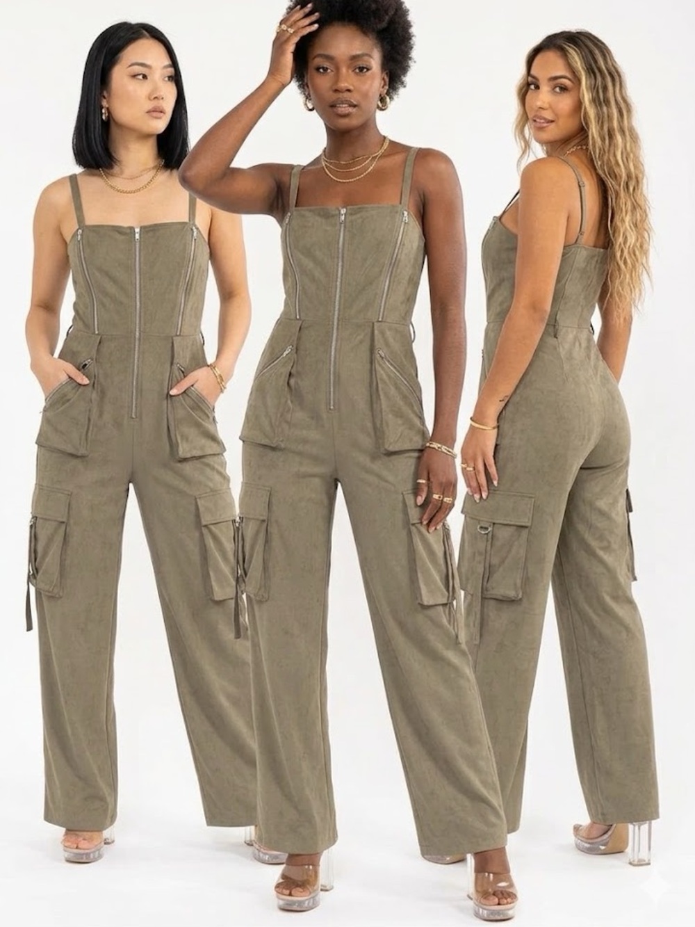 Blogger favorite SLEEVELESS ZIP UP POCKETS WIDE LEG JUMPSUIT - Picture 3 of 6
